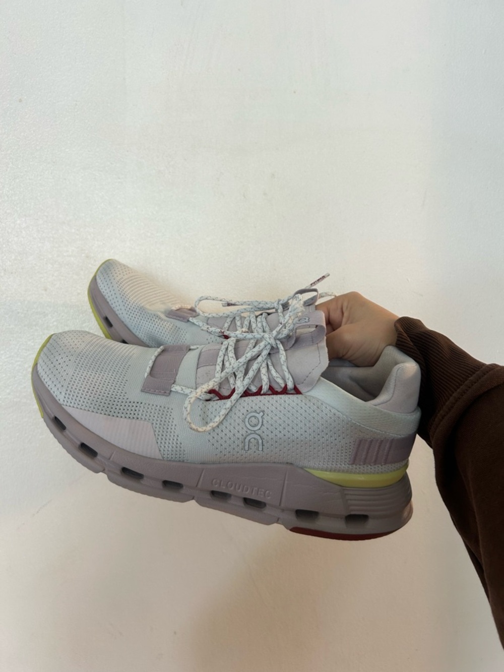 On Running Women's Athletic Shoes in Light Gray, Lavender, and Yellow